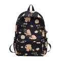 Waterproof black canvas backpack with cartoon capybara print and front zipper pocket - Black
