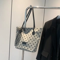 Gray canvas tote bag with black polka dots and a large lace bow decoration - Lace Bow Style / Light Gray Black Polka Dot (XY9080)