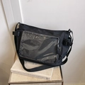 Fashionable black canvas crossbody ita bag with clear window and mesh pocket design - Black