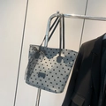 Gray polka dot tote bag with black lace bow detail on a silver metal hanger - Lace Bow Style / Gray Black Polka Dot (XY9080)