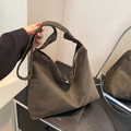 Dark brown corduroy tote bag with knotted strap handle and large capacity - Brown