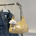Yellow and white textured plaid tote bag with cute cloud charm and white strap - With Cloud Pendant / Yellow