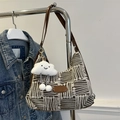 Brown woven plaid tote bag with leather strap and cloud charm in a casual outfit set - With Cloud Pendant / Coffee