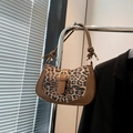 Chic leopard print underarm bag with brown leather and vintage gold buckle detail - Brown