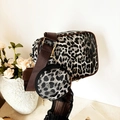 Fashionable leopard print shoulder bag with matching round coin purse and brown strap - Black and White