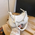 Chic white leather hobo bag with knotted strap, pearl and heart charm chain detail - White