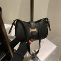 Minimalist black leather baguette bag with a premium golden buckle for women - Black