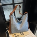 Grande borsa tote grigia da ufficio con tracolla marrone regolabile in feltro - Blu