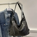 Borsa tote nera grande capacità in finta pelle vintage con doppie cerniere metalliche - Nero