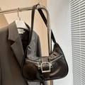 Retro black faux leather crescent shoulder bag with silver D-buckle and zipper details - Black