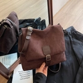 Vintage dark brown suede shoulder bag with retro metal buckle and adjustable strap - Brown