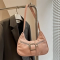Pink retro textured faux leather shoulder bag with silver buckle and punk zipper details - Pink