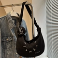 Schwarze Cord Halbmond Tasche mit Buchstaben-Stickerei und kleiner runder Geldbörse - Schwarz