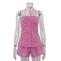 Pink cotton two-piece set featuring halter neck button top and matching elastic shorts - S / Pink