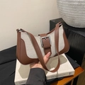 Elegante borsa a mezzaluna in tela crema e pelle marrone con fibbia in metallo - Marrone