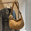Sac bandoulière demi-lune en velours côtelé marron avec mini porte-monnaie brodé - Kaki