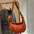 Sac hobo en velours côtelé orange avec petit porte-monnaie et broderie blanche - Orange