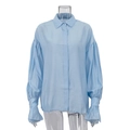 Women's light blue long sleeve shirt with elegant lantern sleeves and ruffled cuffs - S / Blue