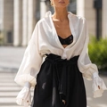 Women's white lantern sleeve shirt with deep V-neck and black high-waisted tied pants - S / White