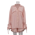 Pink cotton leisure set featuring lapel shirt with flare sleeves and ruffle hem shorts - S / Pink