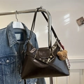 Retro coffee brown large capacity crossbody tote bag with metal belt and bear charm - With Pendant / Brown