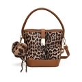 Fashionable leopard print bucket bag with brown leather trim and detachable strap - Without Pendant / Brown
