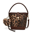 Leopard print bucket bag with brown leather trim and heart charm on white background - Without Pendant / Brown