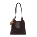 Retro dark brown PU leather tote bag with a plush bear charm and woven cord detail - Bag / Brown