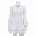 Γαλλικό λευκό βαμβακερό μίνι φόρεμα με V λαιμόκοψη, μακριά μανίκια και βολάν στο στρίφωμα - S / Λευκό