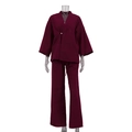 Damen Set mit V-Ausschnitt Langarm Oberteil und Hose in Weinrot mit Perlenknopf - S / Rot