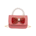 Red and white houndstooth girls mini crossbody bag with pearl handle and mesh bow - Gemstone Bow Style 2