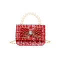 Red tweed girls handbag featuring gold mesh bow, gemstone, and pearl handle strap - Gemstone Bow Style 3
