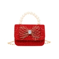 Elegant red tweed girls' handbag featuring a gold bow and white pearl handle strap - Gemstone Bow Style 4