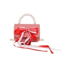 Borsa bimba con motivo pied de poule, fiocco, manico di perle e catena dorata - Stile Fiocco Pendente 2
