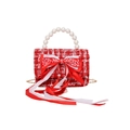 Borsa a mano in tweed rosso per bambine con manico di perle e fiocco decorativo - Stile Fiocco Pendente 3