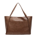 Bolso tote minimalista grande de cuero PU marrón con bolsillo frontal y doble asa - Caqui