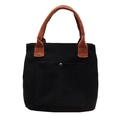 Minimalistische schwarze Canvas-Tasche mit braunen Henkeln und Druckknopftasche für Damen - Schwarz