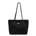 Bolso tote minimalista de nailon negro con correas de cuero y parche de logo central - Negro