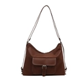 Brown faux leather tote bag with front pocket and white contrast stitching detail - Brown