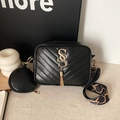 Quilted black crossbody camera bag with wide strap and round coin purse accessory - Black