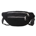 Black fuzzy sherpa belt bag for women with dual silver zippers and adjustable strap - Black