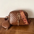 Brown quilted crossbody camera bag with wide jacquard strap and round coin purse - Yellow Brown