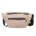 Beige teddy fleece waist bag with adjustable black strap and silver metal zippers - Beige