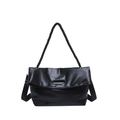 Bolso tote minimalista negro brillante con asas trenzadas y correa de hombro - Negro