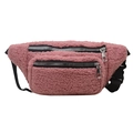 Pink plush faux fur crossbody waist bag with adjustable strap and dual black zippers - Rose Red