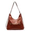 Vintage caramel oil wax leather tote bag with dual decorative front zippers for women - Orange