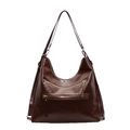 Deep brown oil-wax leather tote bag with dual front zippers and white stitching - Coffee