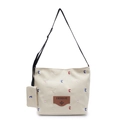 Borsa tote in tela bianco sporco con ricamo di lettere colorate e tracolla - Cachi