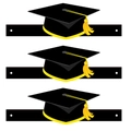 Close-up of three graduation cap headbands with gold tassels and patterned edges - Black