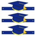 Close-up of three blue and yellow paper graduation mortarboard party hats for celebrations - Blue